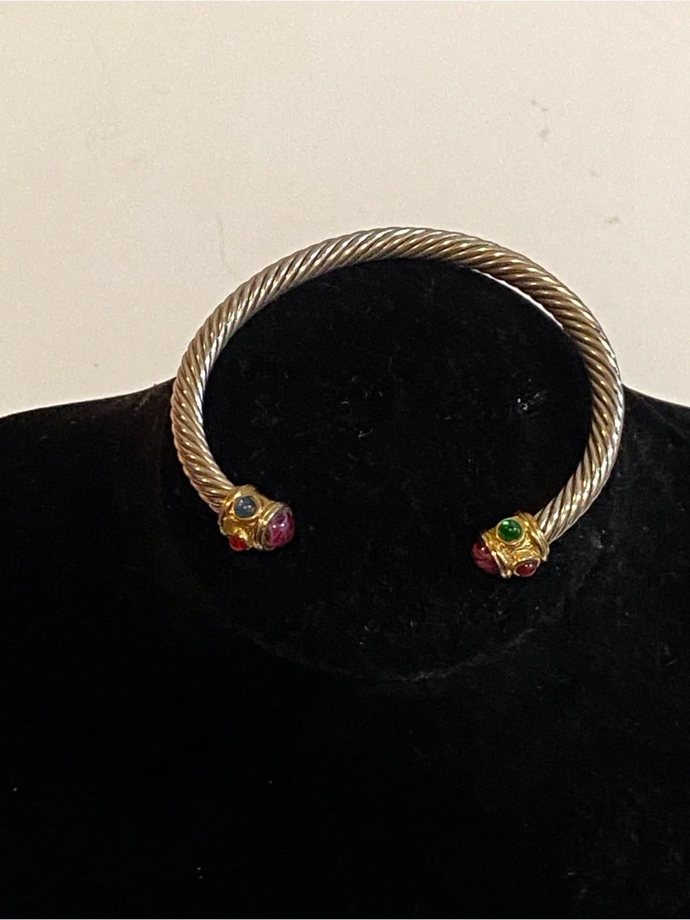 Twisted Silver Tone Open Cuff Bracelet with Multicolor Cabochons